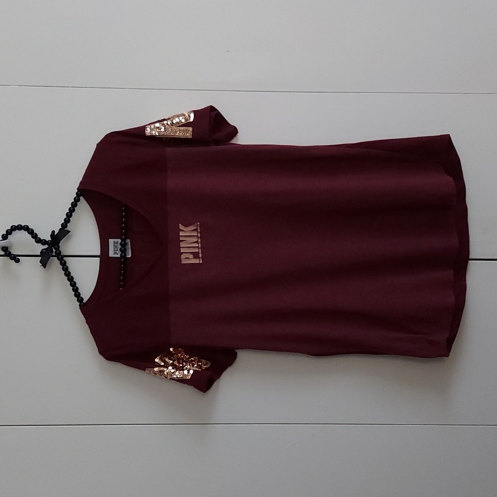 PINK Victoria's Secret Maroon V-Neck Short Sleeve T-Shirt w/ Sequins Size Small